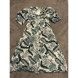 H&M Johanna Ortiz White Green Leaf Print Linen Blend Dress Size M NWT